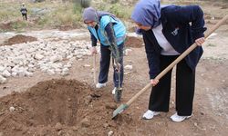 Antalya'da kız öğrenciler, yangından zarar gören bahçeye fidan dikti