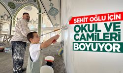 Şehit oğlunun hayrı için okul, cami ve Kur'an kurslarının boya işlerini yapıyor