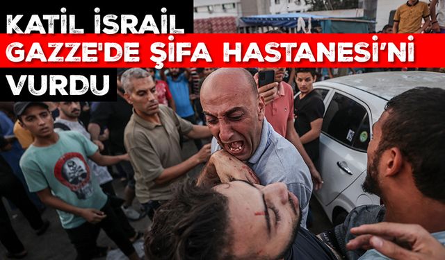 Katil İsrail, Gazze'de Şifa Hastanesi yerleşkesinin giriş kısmını vurdu