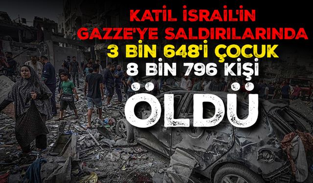 Katil İsrail'in Gazze'ye saldırılarında 3 bin 648'i çocuk 8 bin 796 kişi öldü