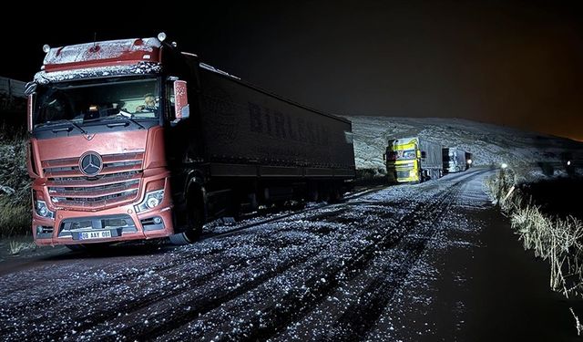 Ardahan'da kar ve buzlanma nedeniyle tırlar yolda kaldı