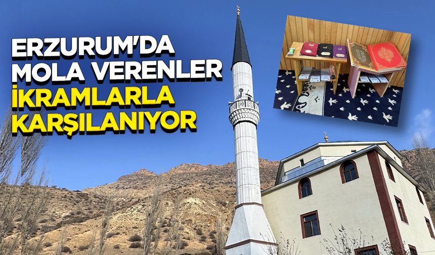 Erzurum'da şehirler arası yol güzergahındaki camide mola verenler ikramlarla karşılanıyor