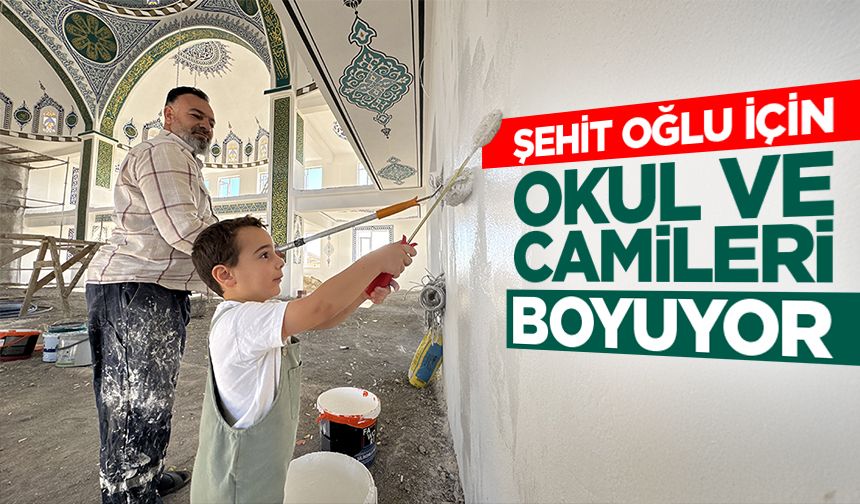 Şehit oğlunun hayrı için okul, cami ve Kur'an kurslarının boya işlerini yapıyor