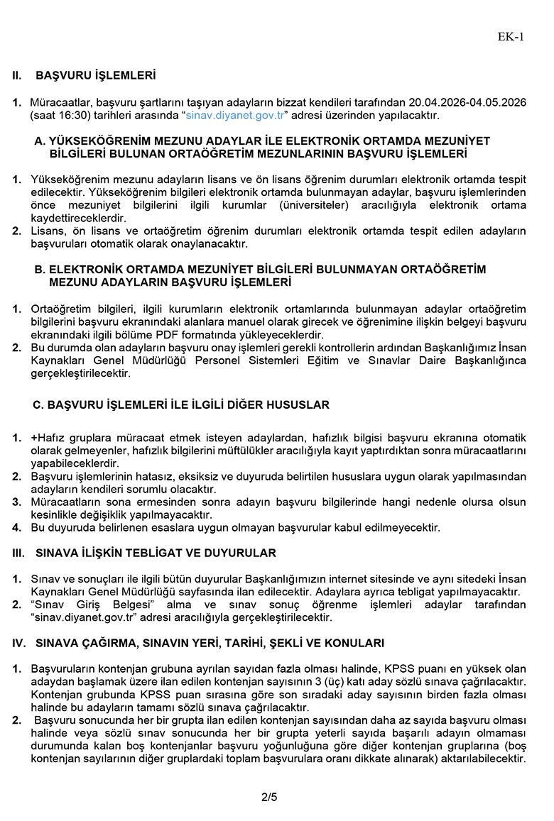 2026 Yılı Aday Din Görevlisi ( İ H, K K Ö) Alım Sınavı 2