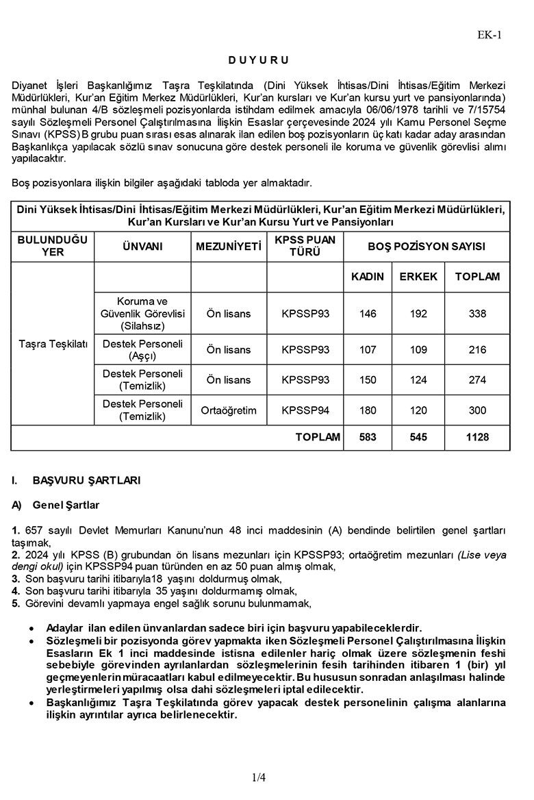 2026 Yılı 4 B Sözleşmeli Personel ( Destek Personeli, Koruma Ve Güvenlik Görevlisi) Alımı Sınav Duyurusu ( Taşra) 1