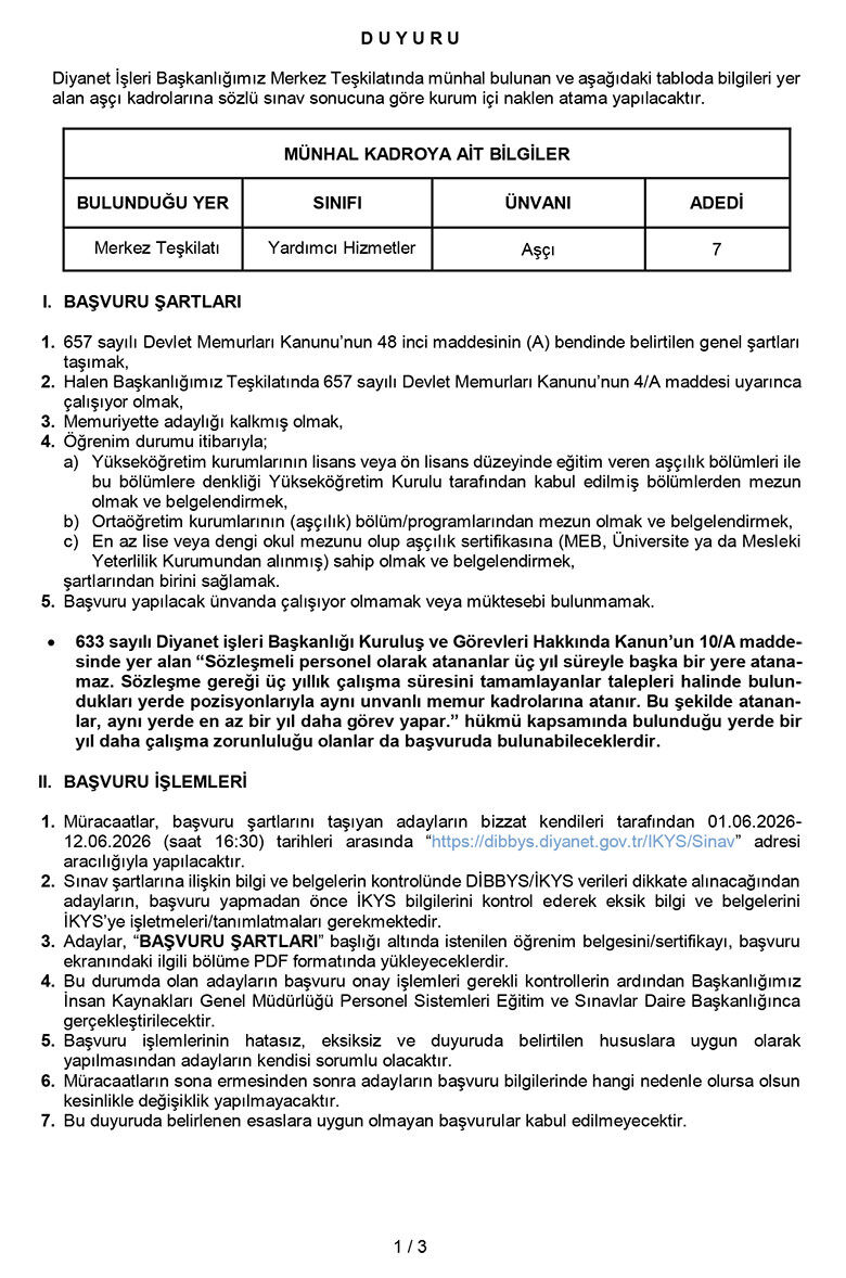2026 Yılı Aşçı Alım Sınavı Duyurusu 1
