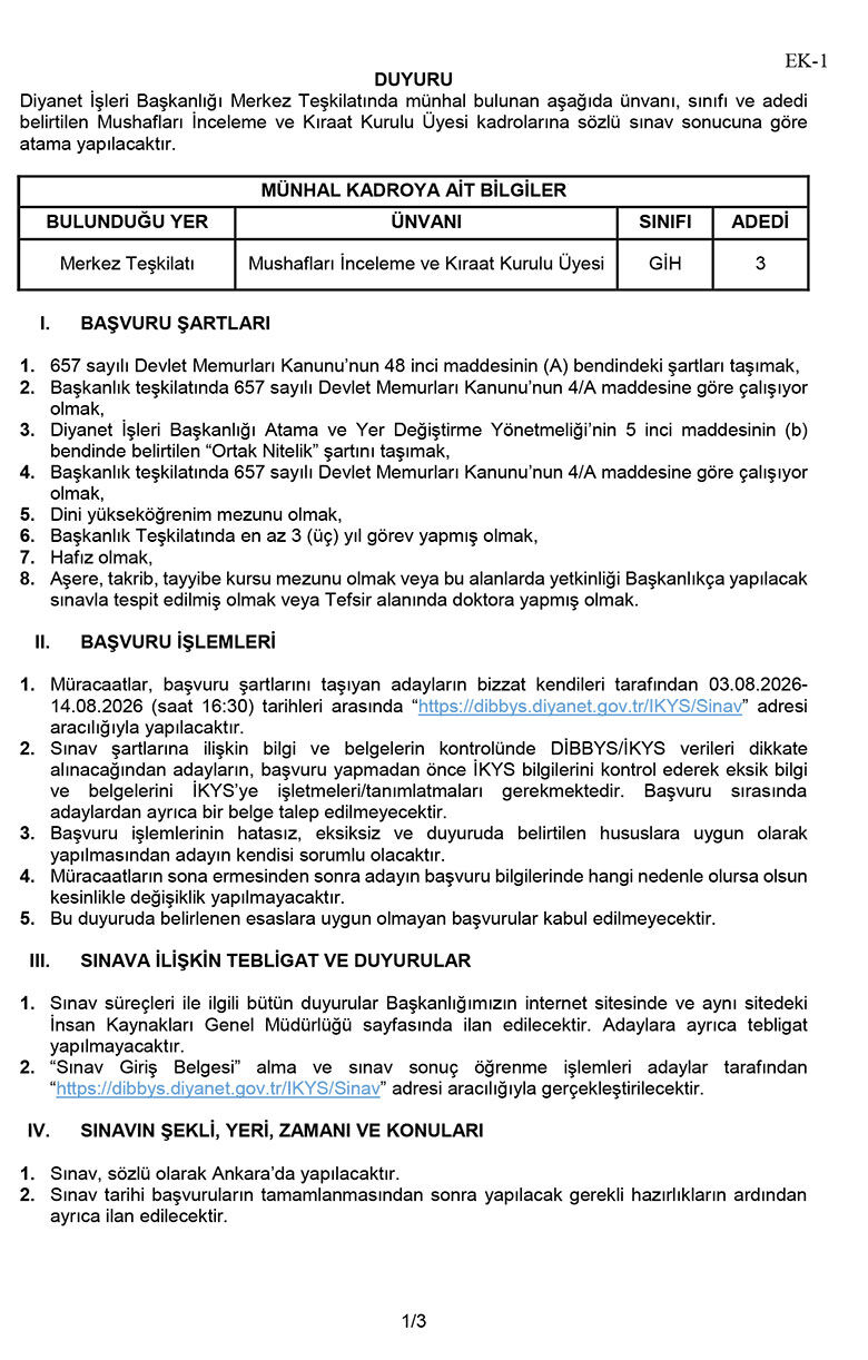 2026 Yılı Mushafları İnceleme Ve Kıraat Kurulu Üyeliği Sınavı 1