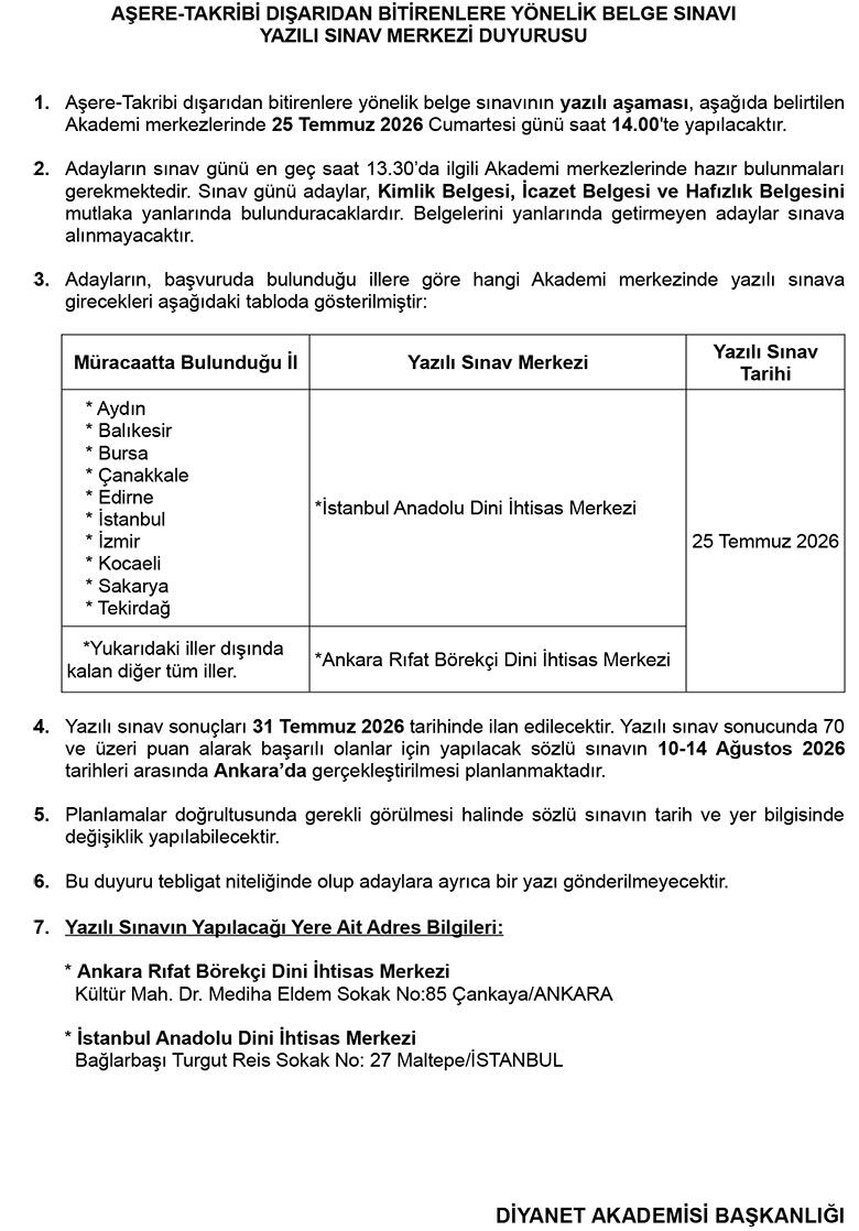 Aşere Takribi Dışarıdan Bitirenlere Yönelik Belge Sınavı Sınav Merkezi Duyurusu 2